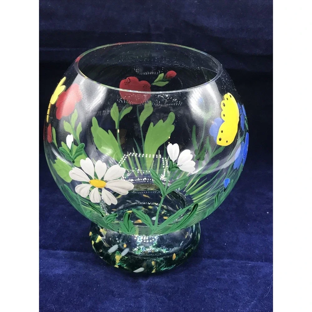 Romania Crystal Art Glass Vase Hand Painted Flowers‎ BEE & BUTTERFLY